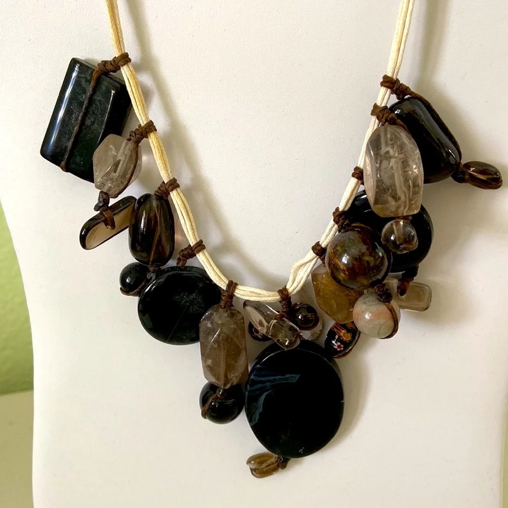 Polished Stone and Millefiori Flower Glass bead necklace rustic